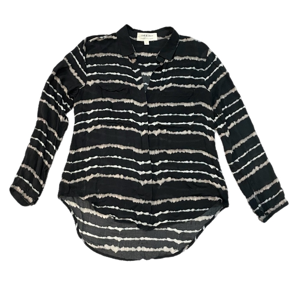 Cloth & Stone Anthropologie Tie Dye Stripe Button Down Shirt Black White Rayon S